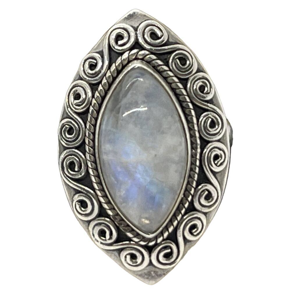 Vintage Sterling Silver Ring 925 Size 6.5 Moonstone Bali Style Ornate